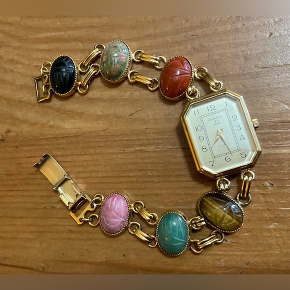 Kenneth Jay Lane Accessories - Kenneth J. Lane: Egyptian vintage scarab carved gold tone ladies wrist watch.
